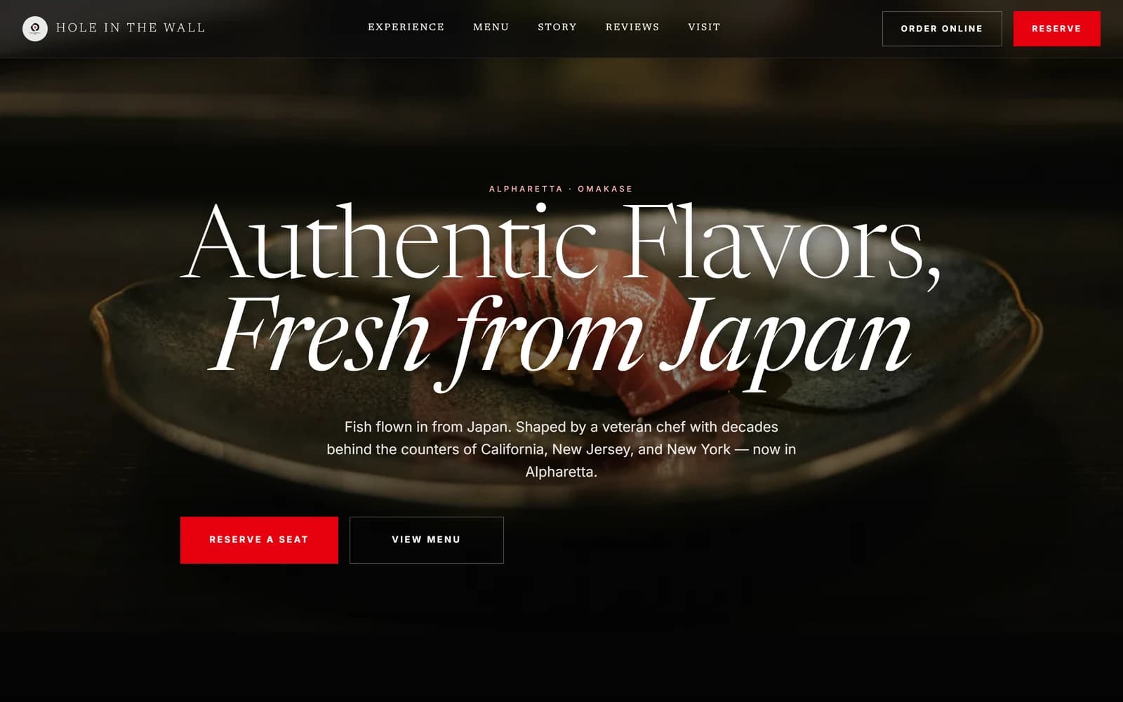 Live demo of Hole in the Wall Sushi — Ember-generated restaurant site with a cinematic food hero, serif display typography, and real menu data from their POS