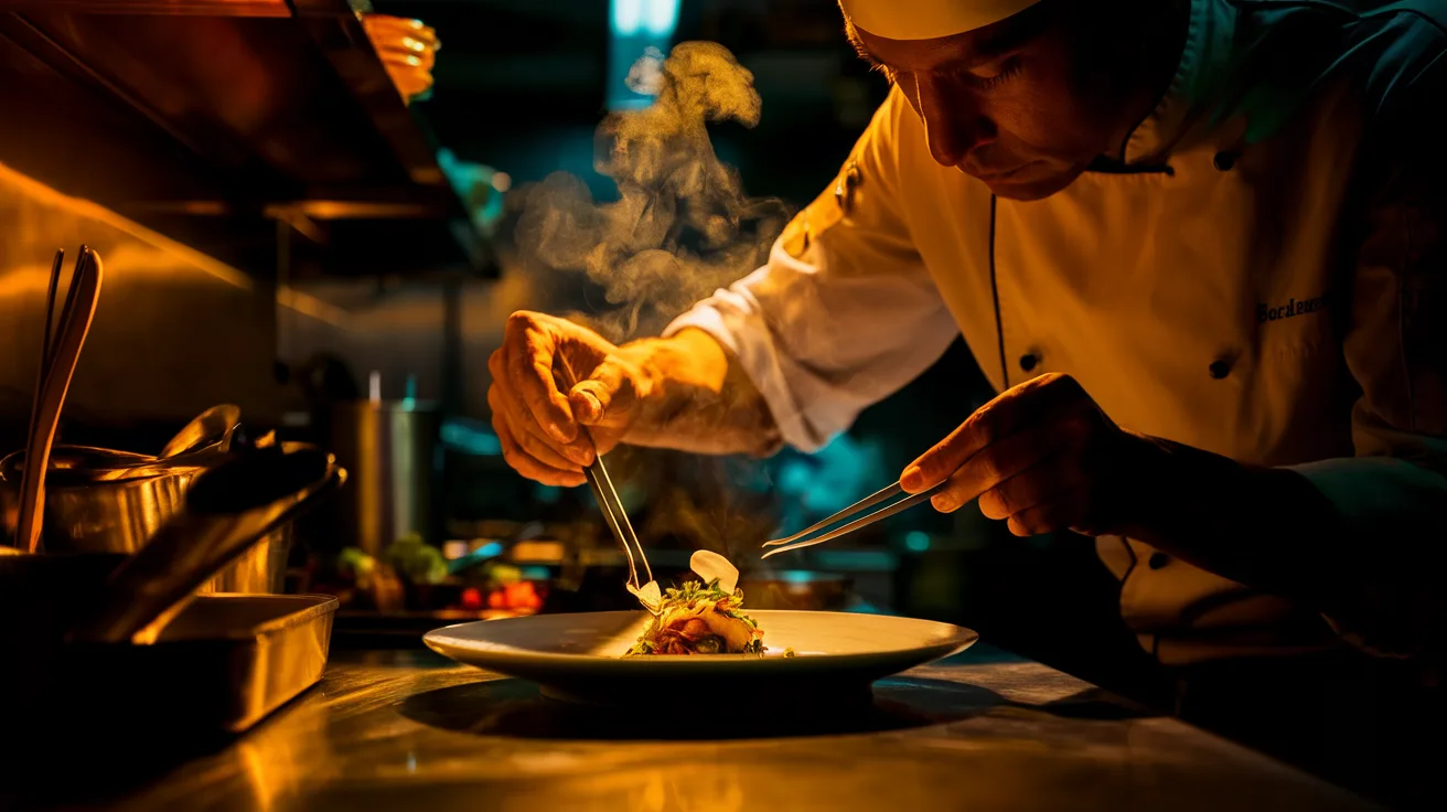 Chef carefully plating a dish in a professional kitchen