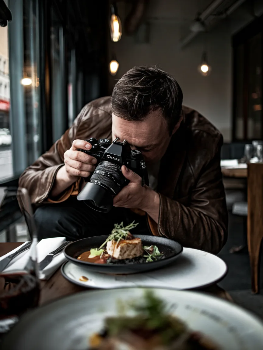 Photographer shooting a dish at a restaurant table