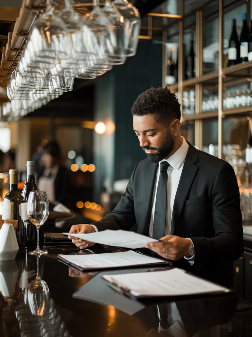 Restaurant consultant reviewing documents at a bar