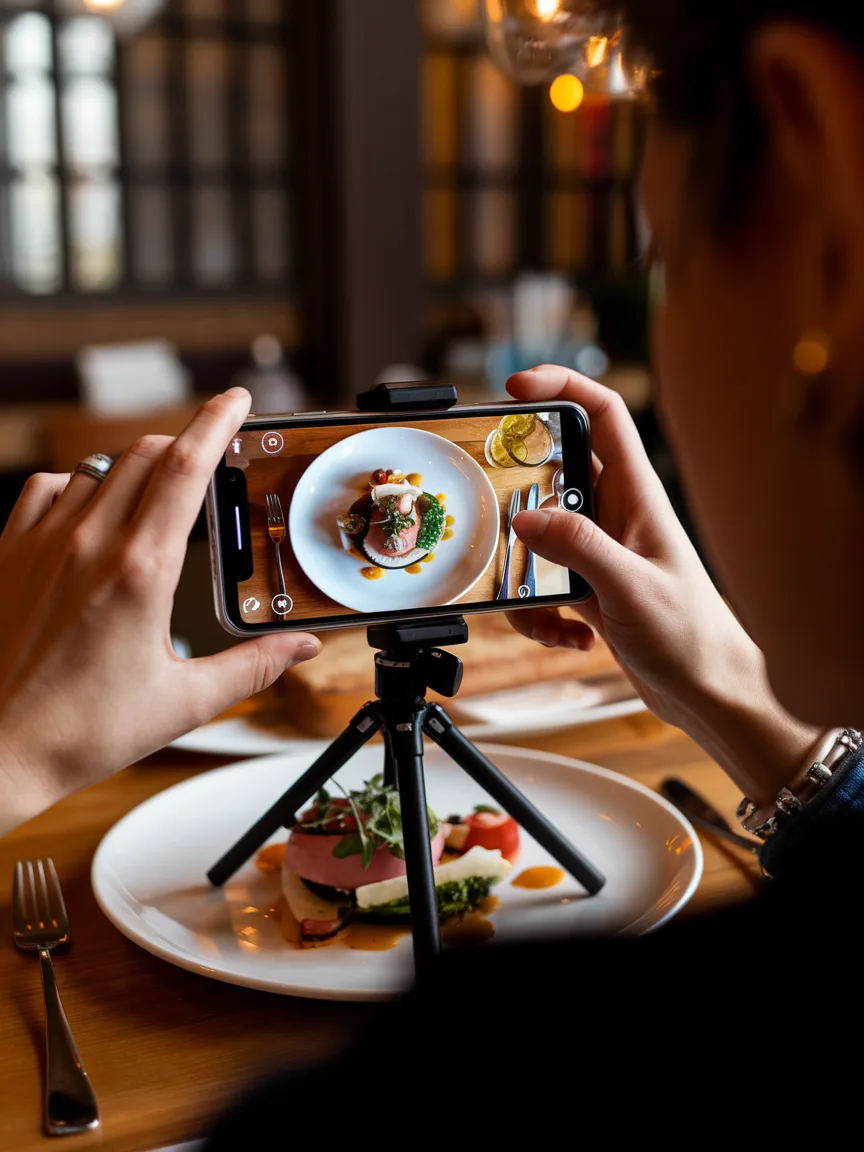 Content creator filming a dish with a smartphone