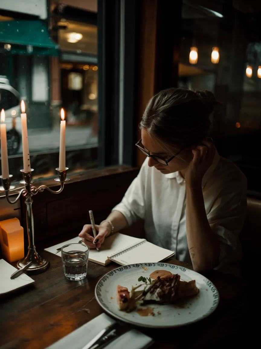 Food blogger writing in a notebook at a dimly lit restaurant