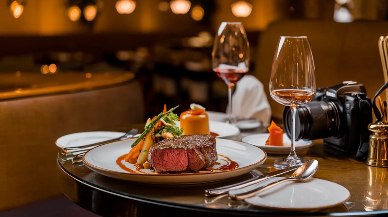 Food creator photographing a gourmet dish at a restaurant