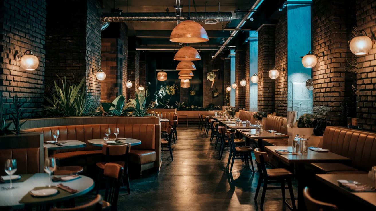 Luxury restaurant interior with warm amber lighting