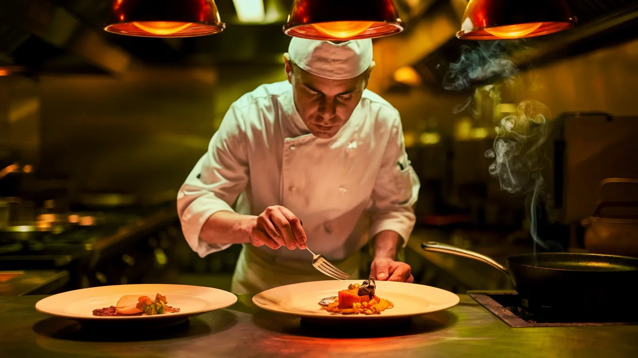 Chef plating a dish under warm amber spotlights