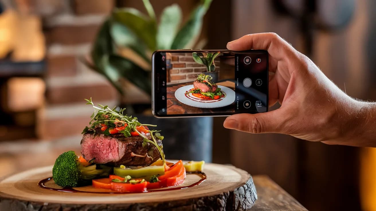Hand holding smartphone photographing a gourmet dish