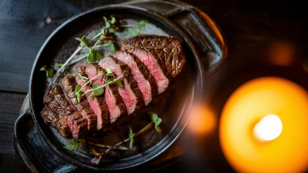 Dramatic wagyu beef on dark basalt plate